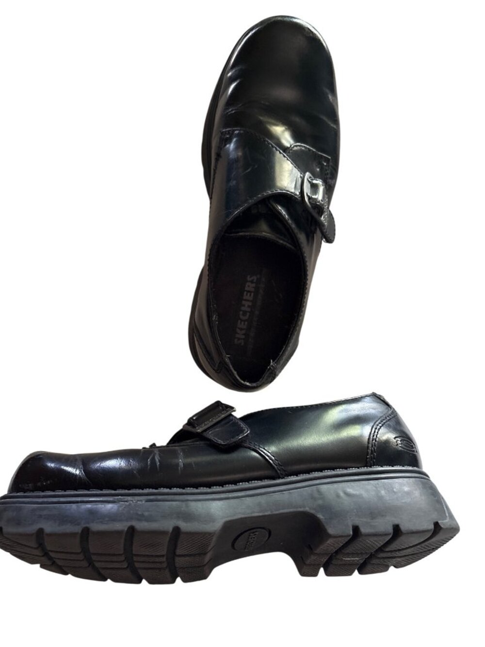 Skechers Mens Black Leather Slip-On Shoes US 9.5 Rubber Sole Round Toe